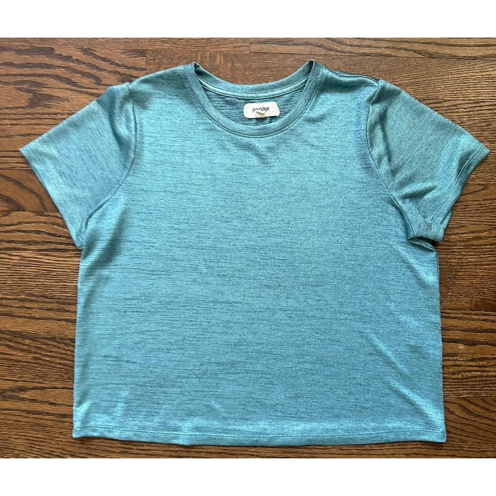 Porridge Women Small Turquoise Metallic Short Sleeve Shimmer Crew Neck Top